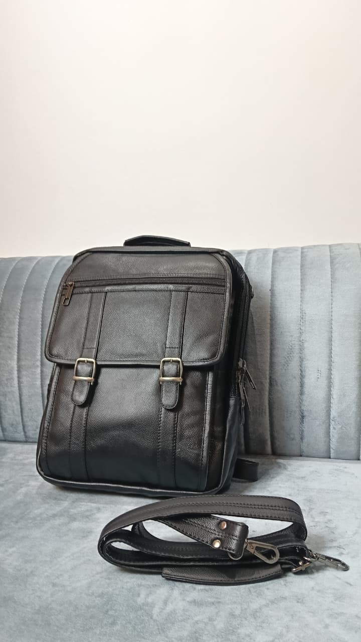 Genuine Cow Leather Dual Lock Bag- Black